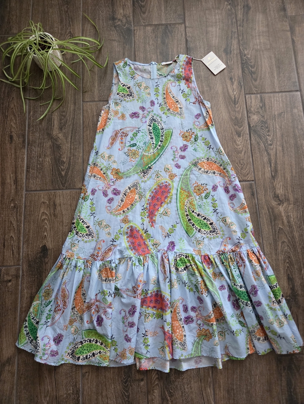 NWT Robert Friedman Cotton Paisley Sleeveless Ruffle Hem Dress Blue Cottagecore